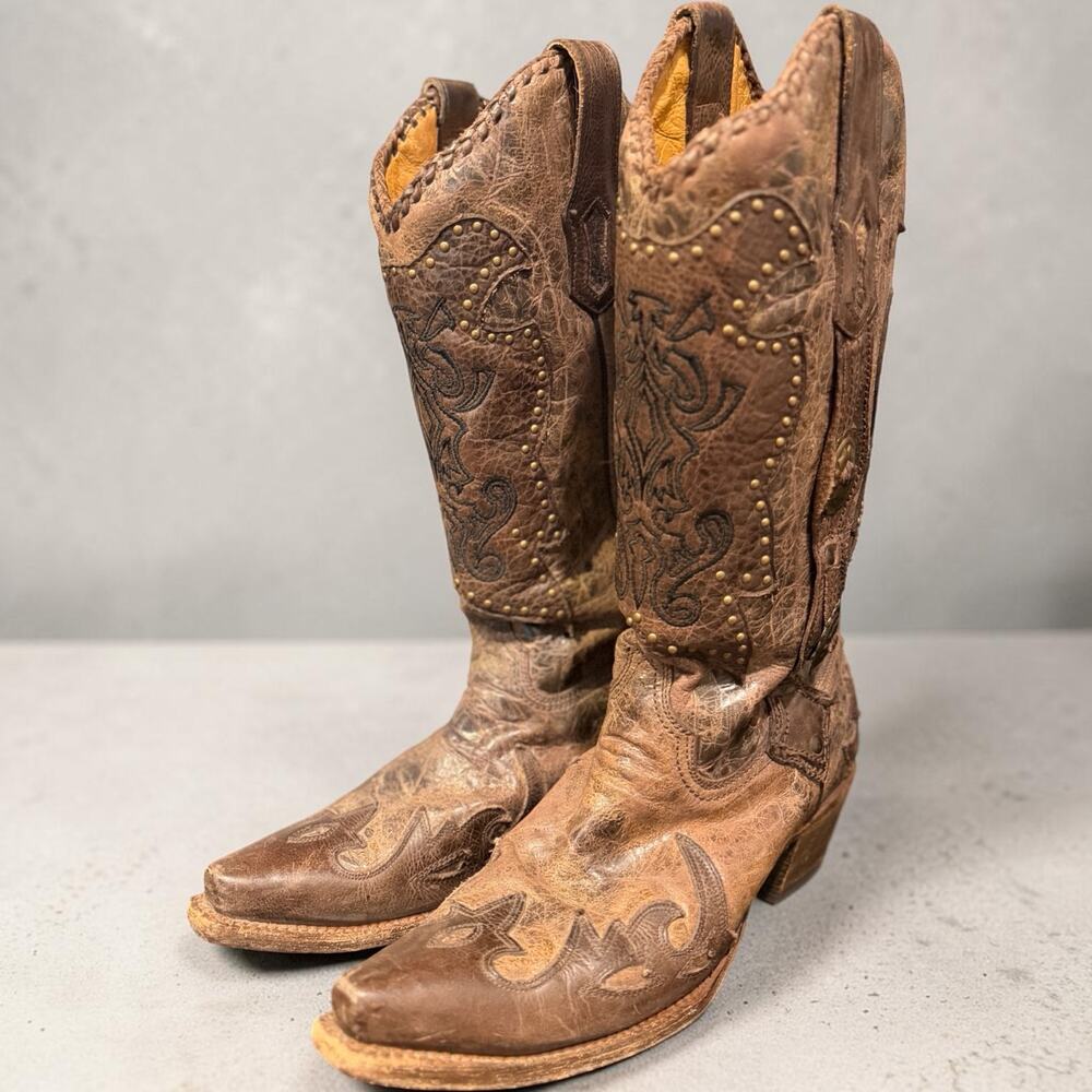 Corral Distressed Brown Leather Western Boots Studded Square Toe Size 9